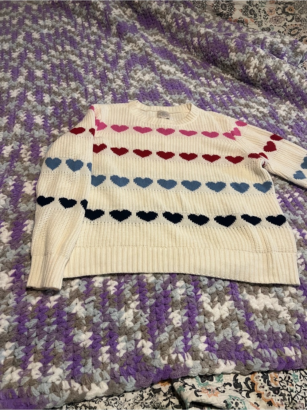 St. John's Bay Cream Crewneck Sweater with Multicolor Heart Rows